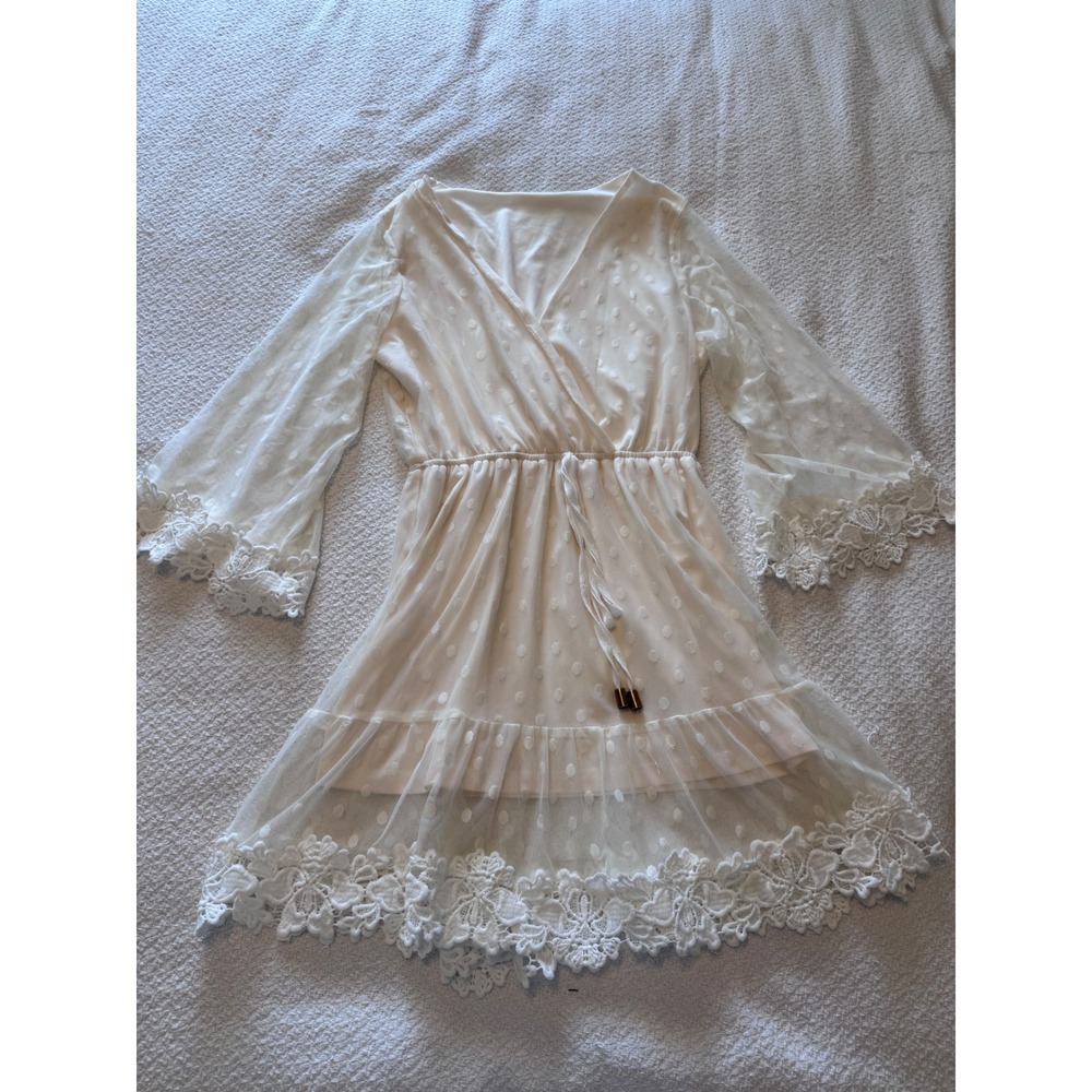 Cream Swiss Dot Lace Trim Mini Dress V-Neck Bell Sleeve Boho Bridal Small